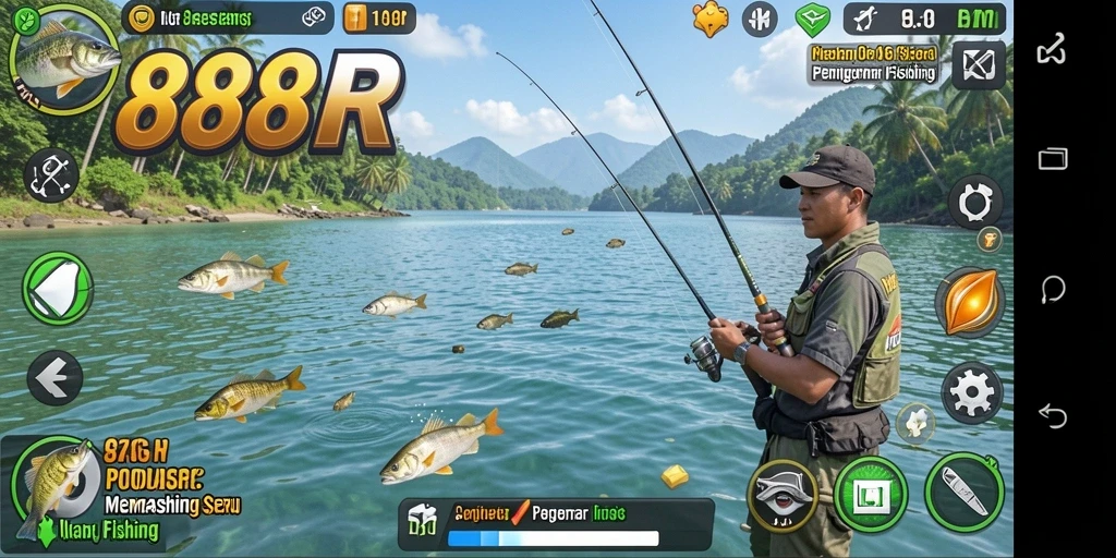Screenshot gameplay 888R menunjukkan momen menangkap ikan yang seru.