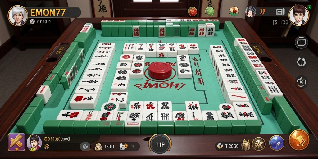 Tampilan gameplay EMON77 dengan ubin Mahjong yang berwarna-warni.