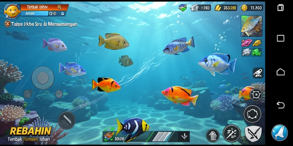 Screenshot gameplay REBAHIN menampilkan momen menangkap ikan besar.