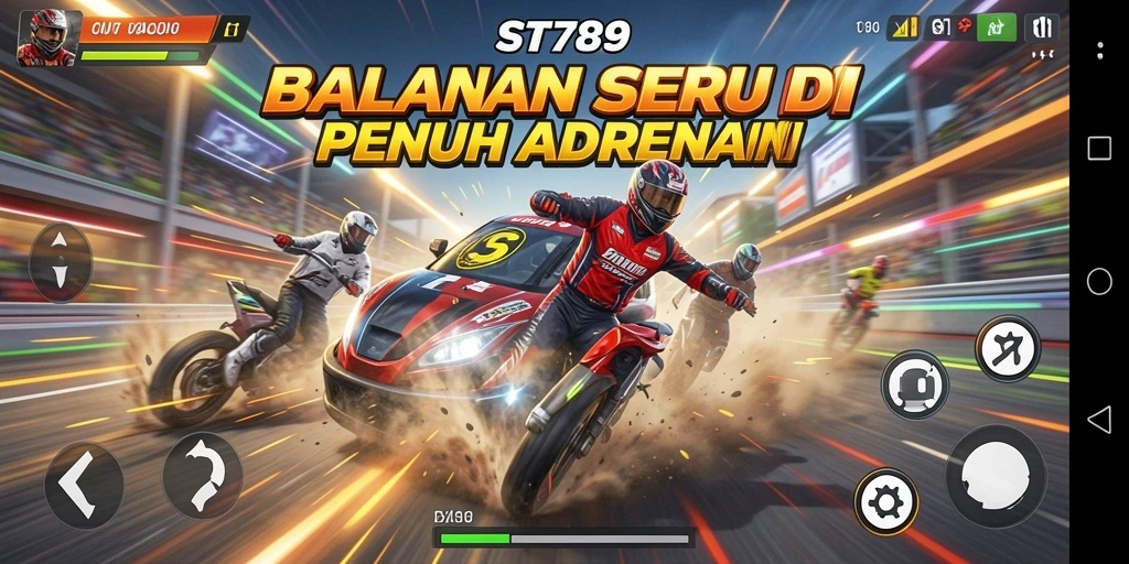 Screenshot gameplay ST789 menampilkan balapan mobil yang seru dan menegangkan.